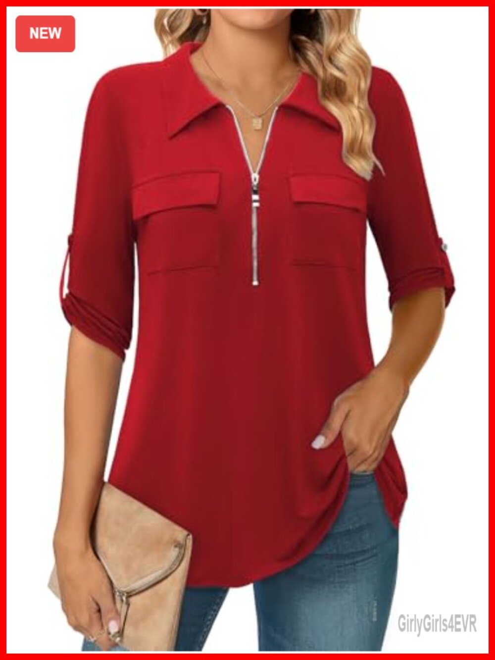 Women's 3/4 Sleeve Collared Blouse Zip V Neck Work Tunic Loose Fit